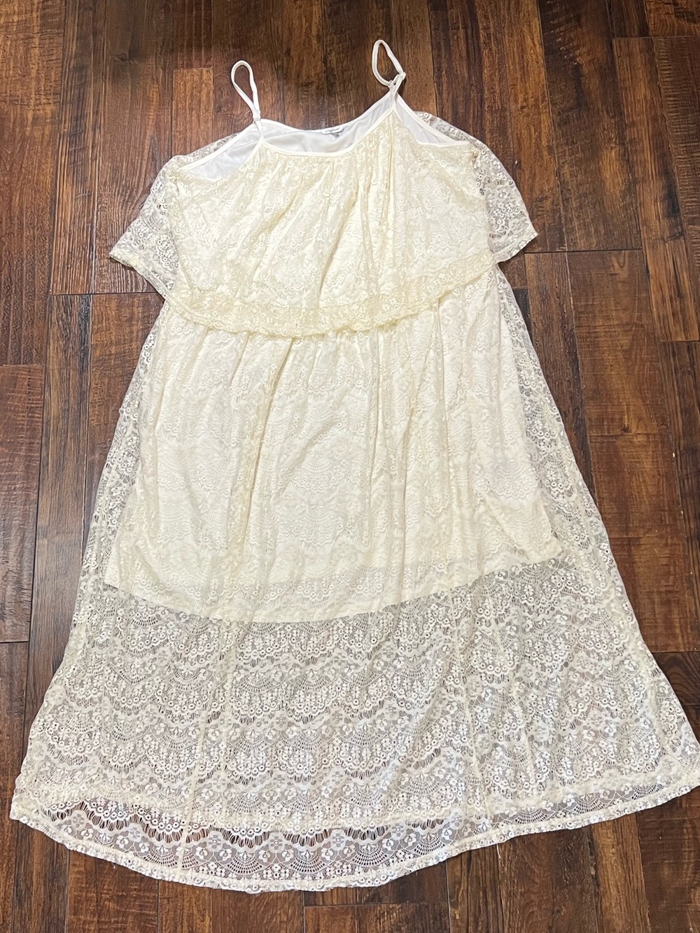 Avenue Cream Lace Layered Spaghetti-Strap Dress